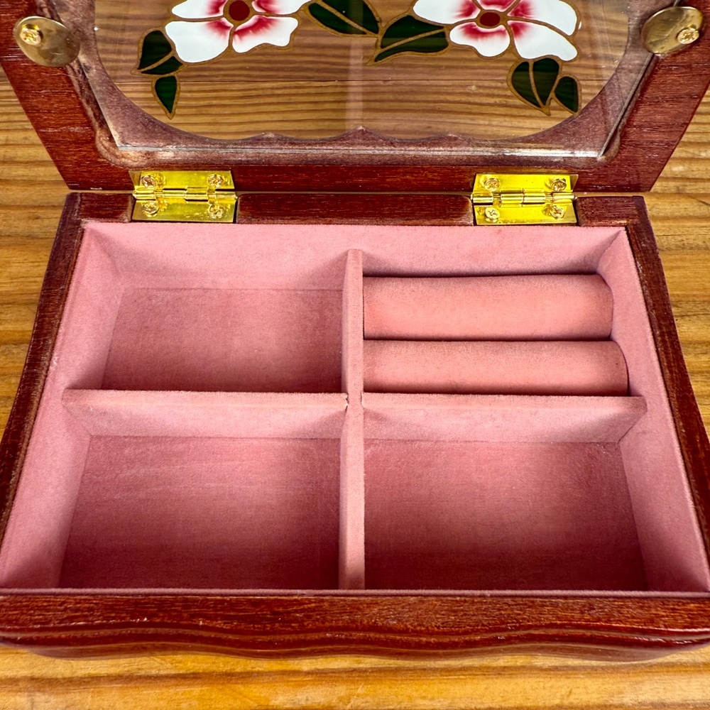 Vintage Wooden Jewelry Box | Heart Window Lid with Floral Inlay - Picture 8 of 13